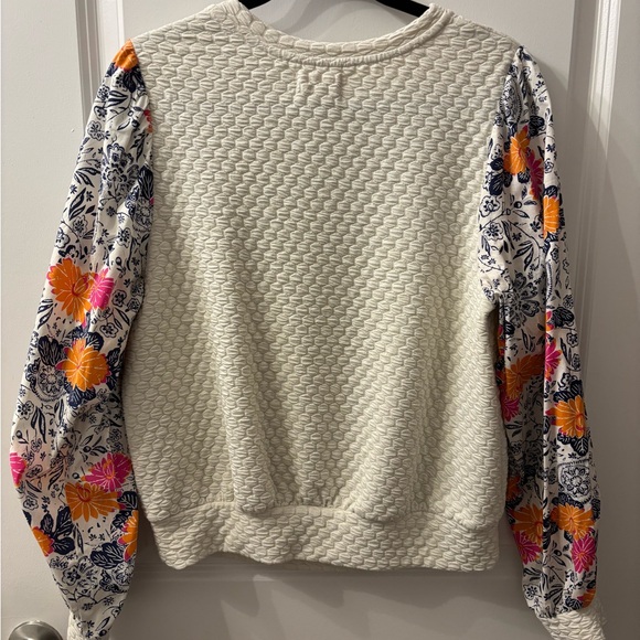 Anthropologie Cream Textured Sweatshirt with Floral Sleeves - Picture 2 of 5